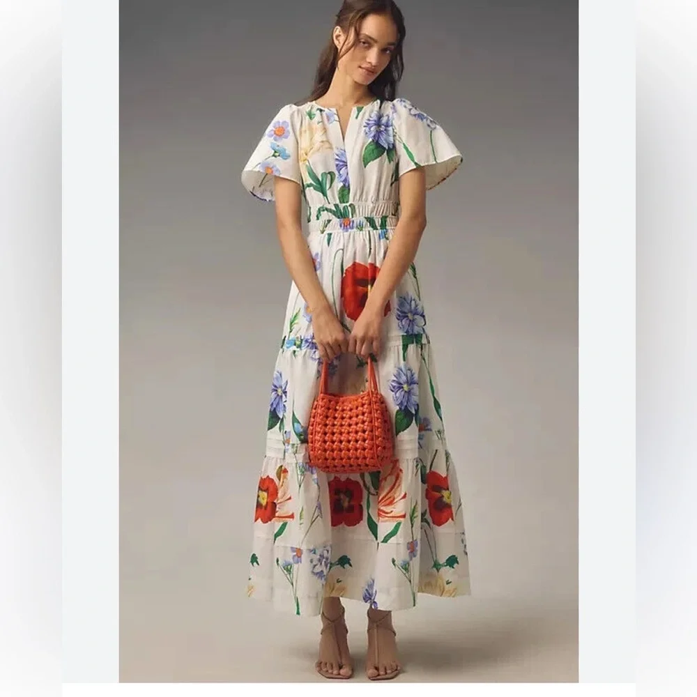 Maeve by Anthropologie Somerset Maxi Floral Dress White Cotton Lined Size M - Picture 1 of 16